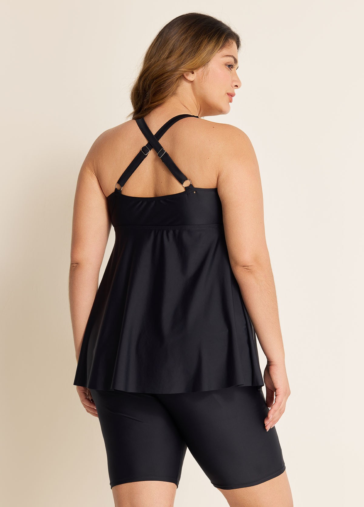 Fashionable Black Square Neck Flowy Plus Size Modest Women's Tankini Swimsuit Top