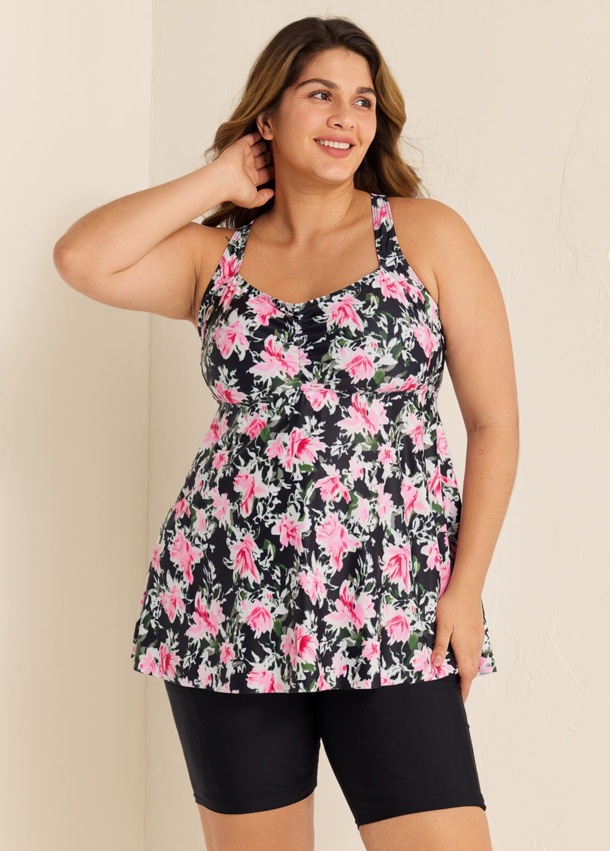 Black Floral Print Square Neck Flowy Modest Plus Size Tankini Swimsuit Top