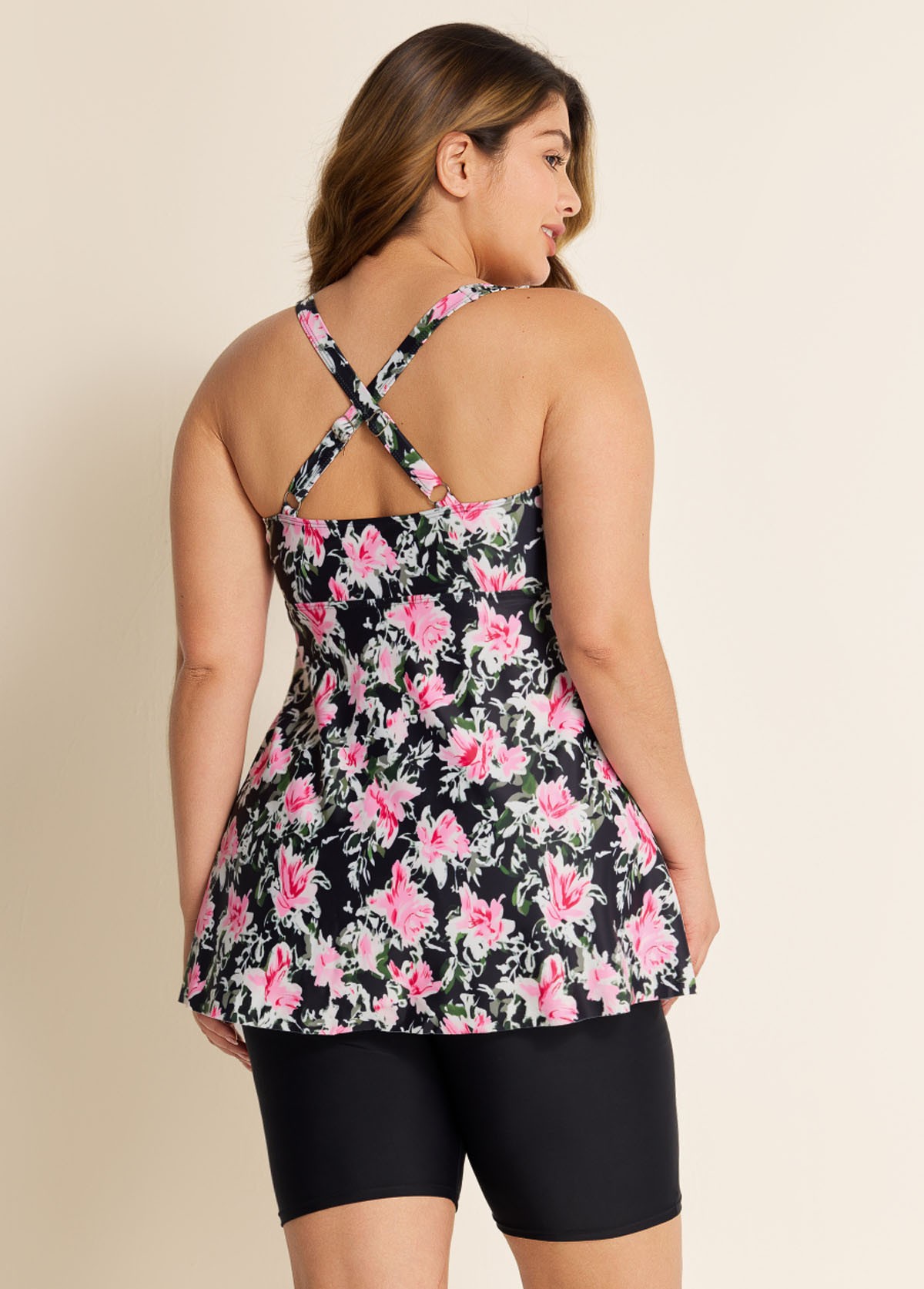 Black Floral Print Square Neck Flowy Modest Plus Size Tankini Swimsuit Top