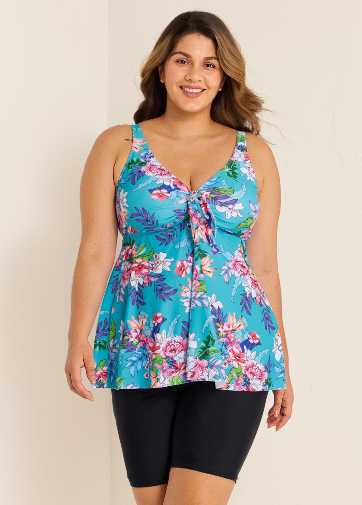Blue Floral Modest And Designer Curvy Swimwear Bathing Suits Tankini Top