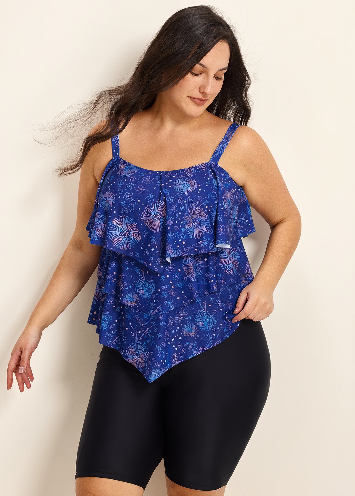 Navy Blue Floral Print Flattering Layered Ruffles Plus Size Women's Swimsuit Tankini Top