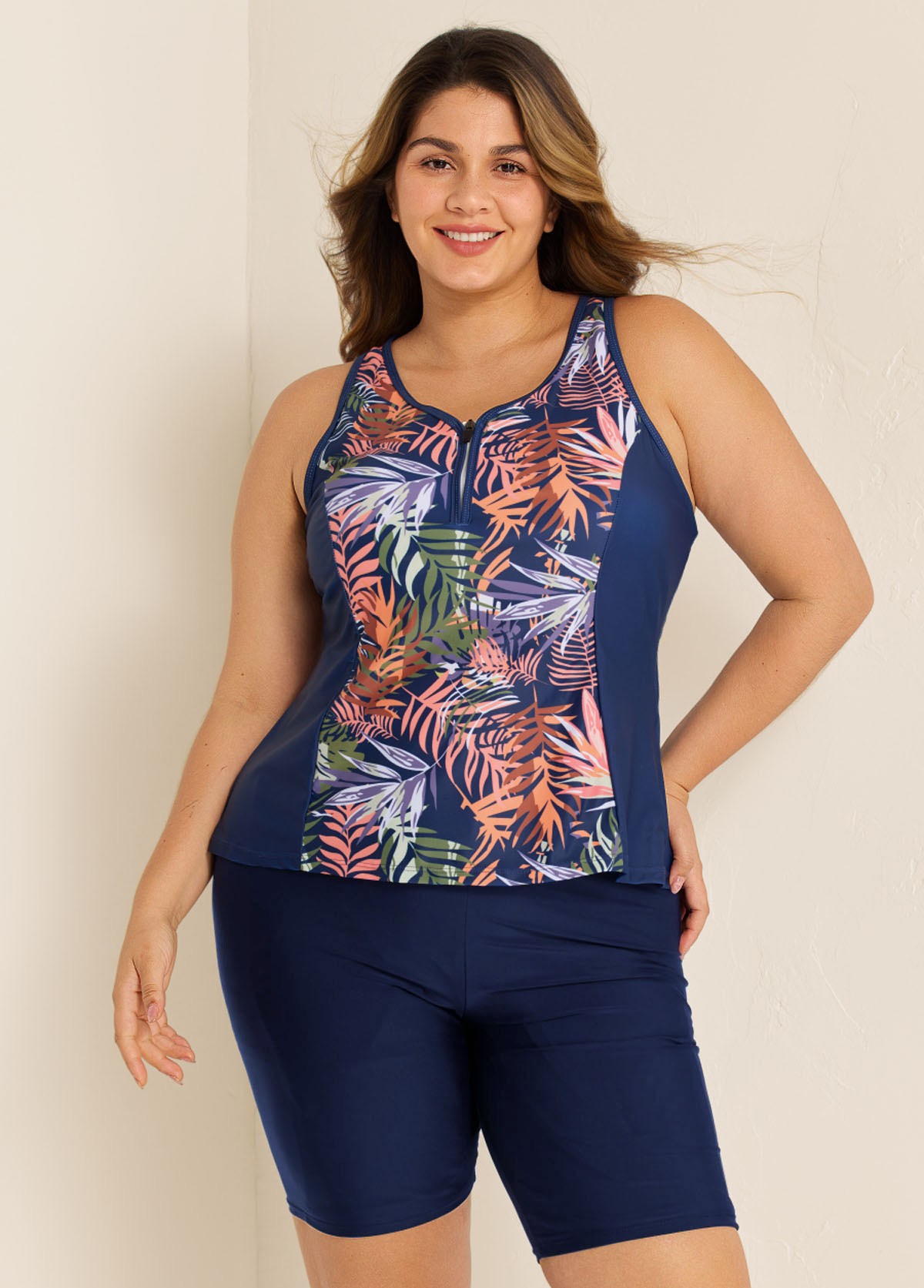 Curvy Navy Leaf Print Zipper Swimsuit And Swimwear Tankini Top
