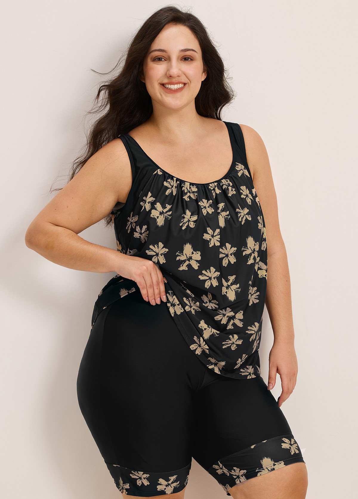 Plus Size Yellow Floral Vintage Padded Women's Swimsuit Two Piece Tankini Set