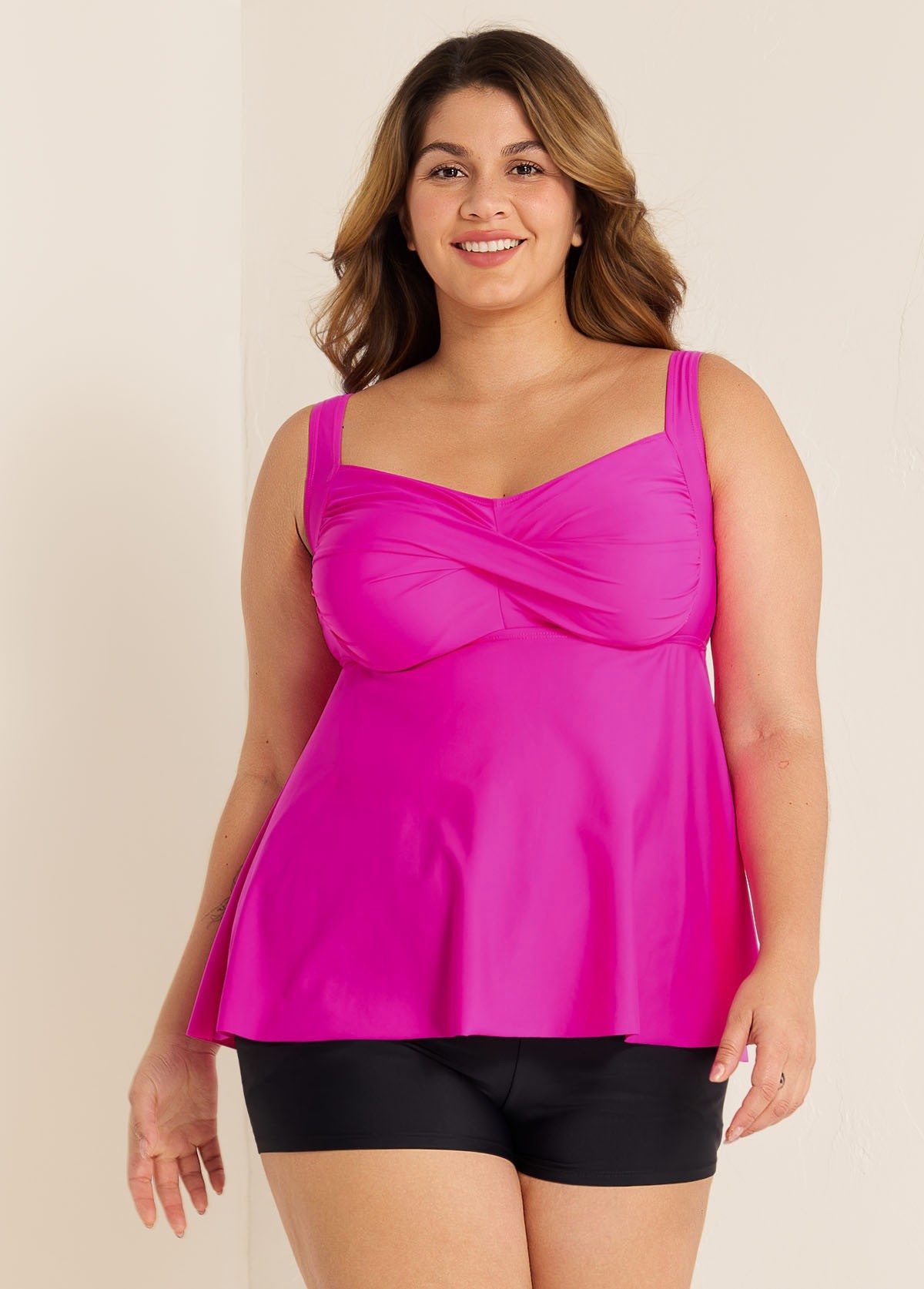 Hot Pink Twist Front Charming Tankini Top