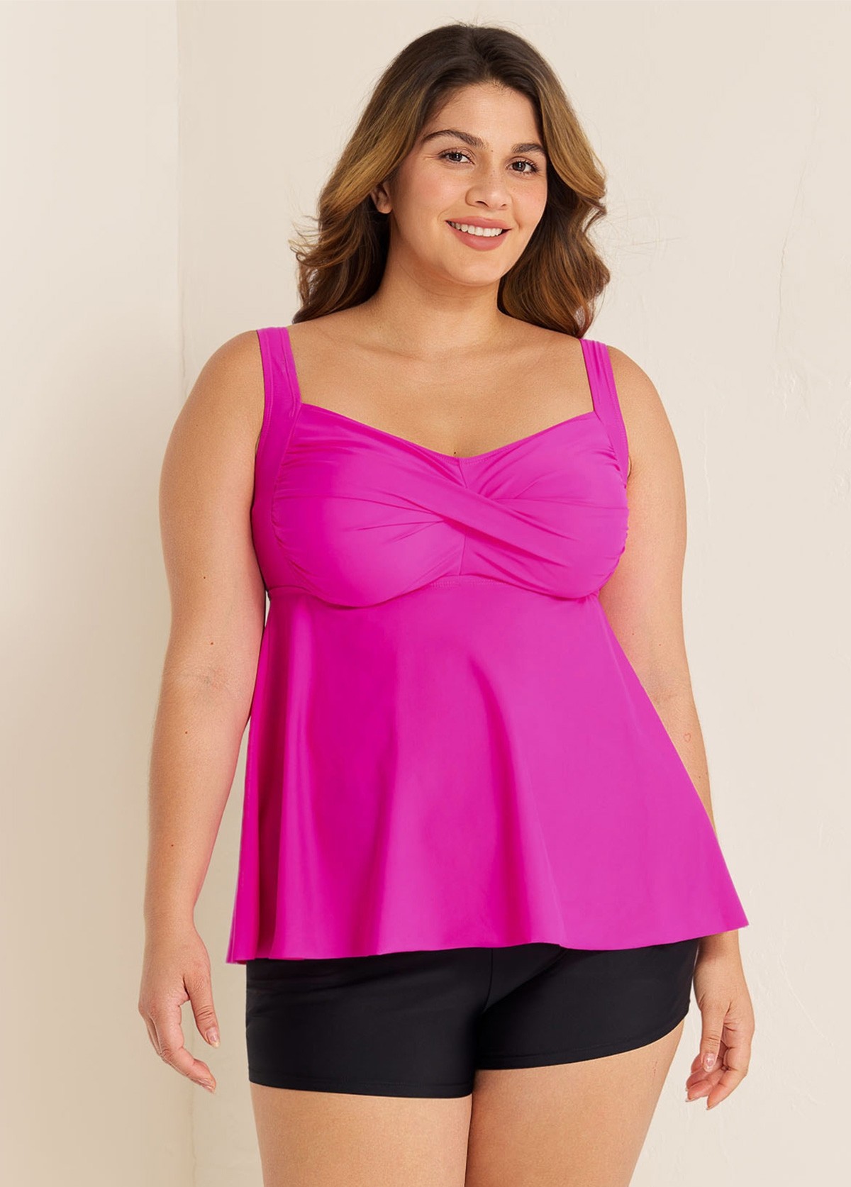 Hot Pink Twist Front Charming Tankini Top