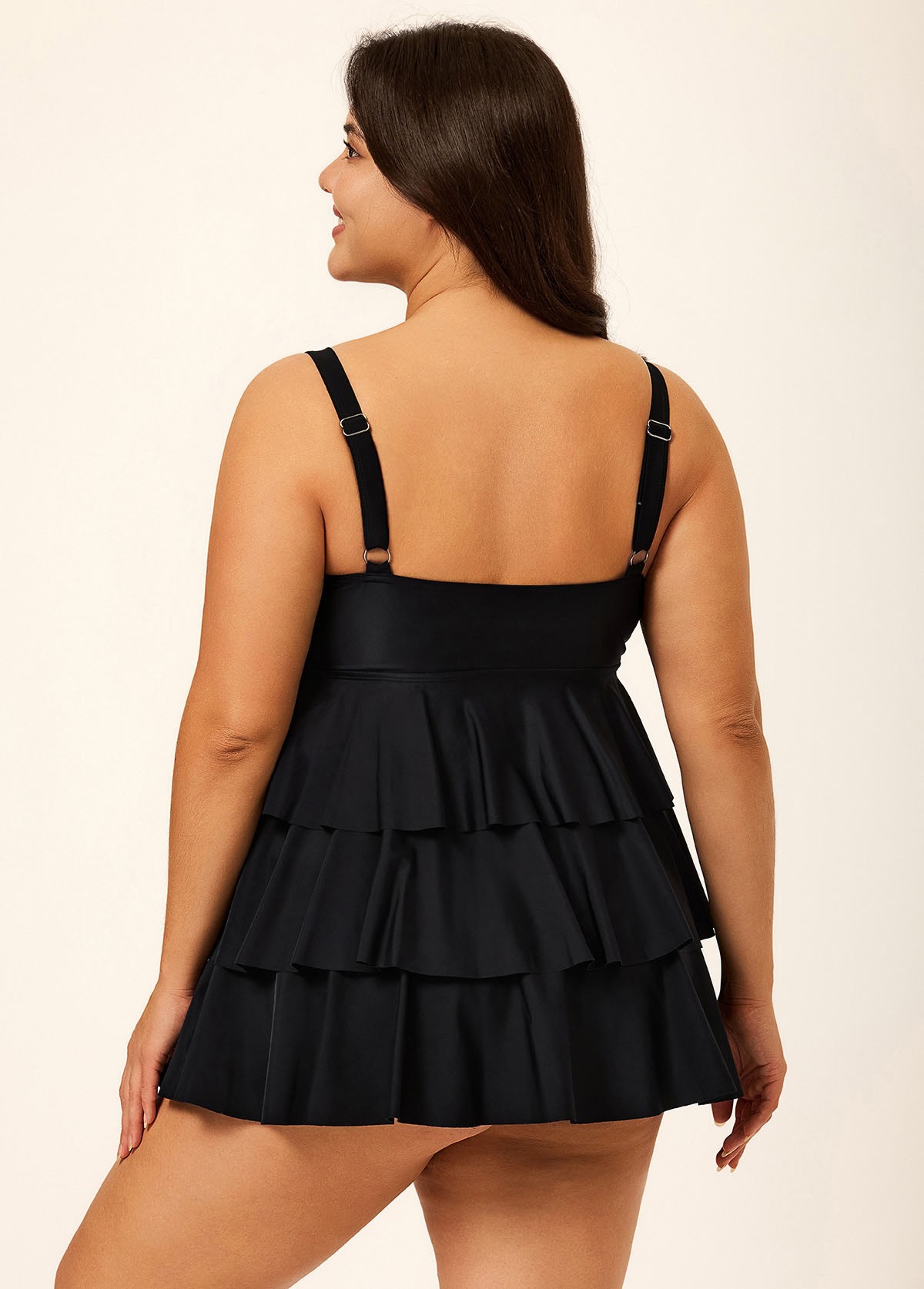 Black Knotted Front Ruffle Tiered Elegant Tankini Top