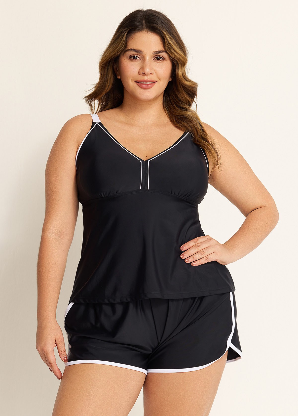 Black And White Sporty Comfortable Plus Size Tankini Top