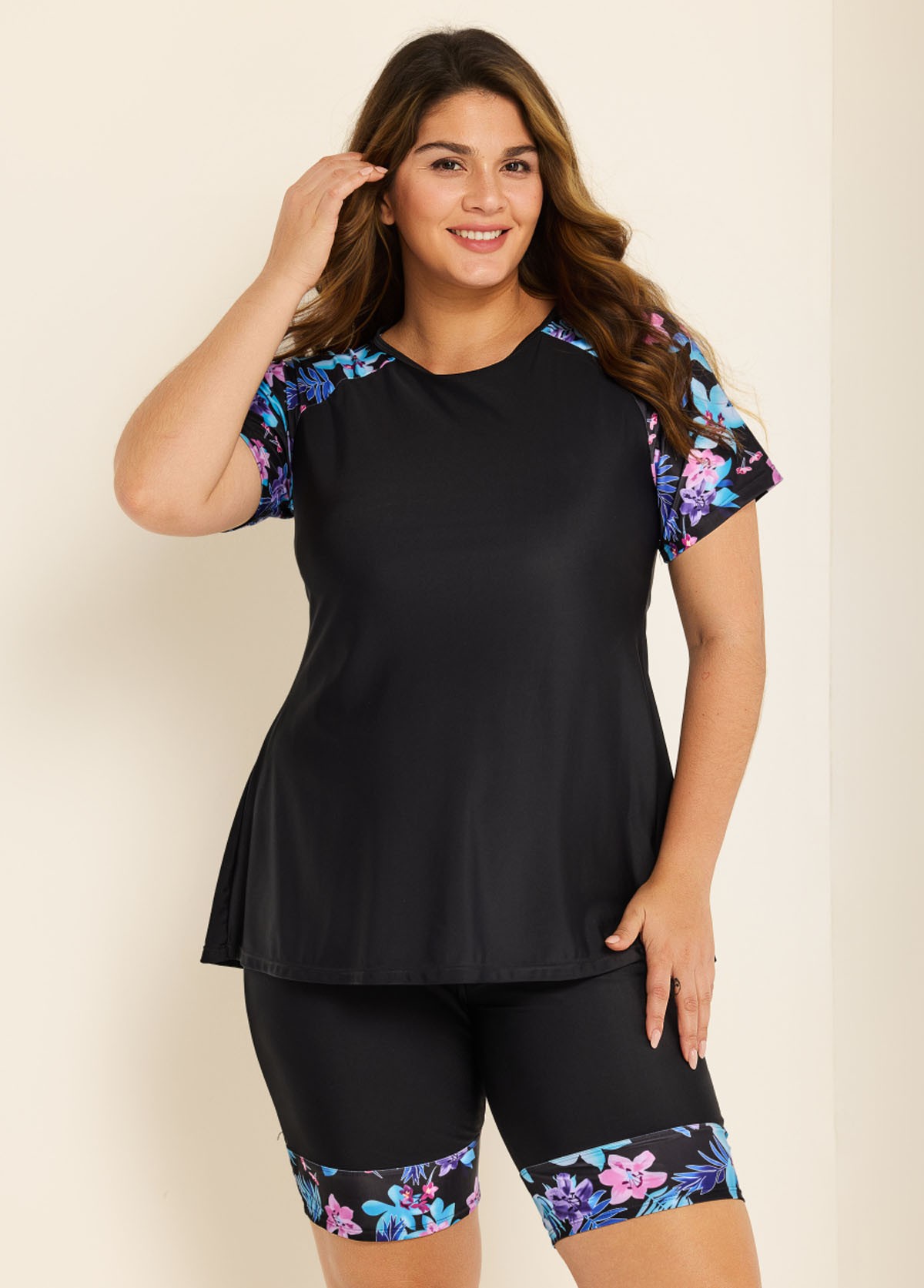 Black Floral Pullover Short Sleeve Fashion Casual Tankini Set
