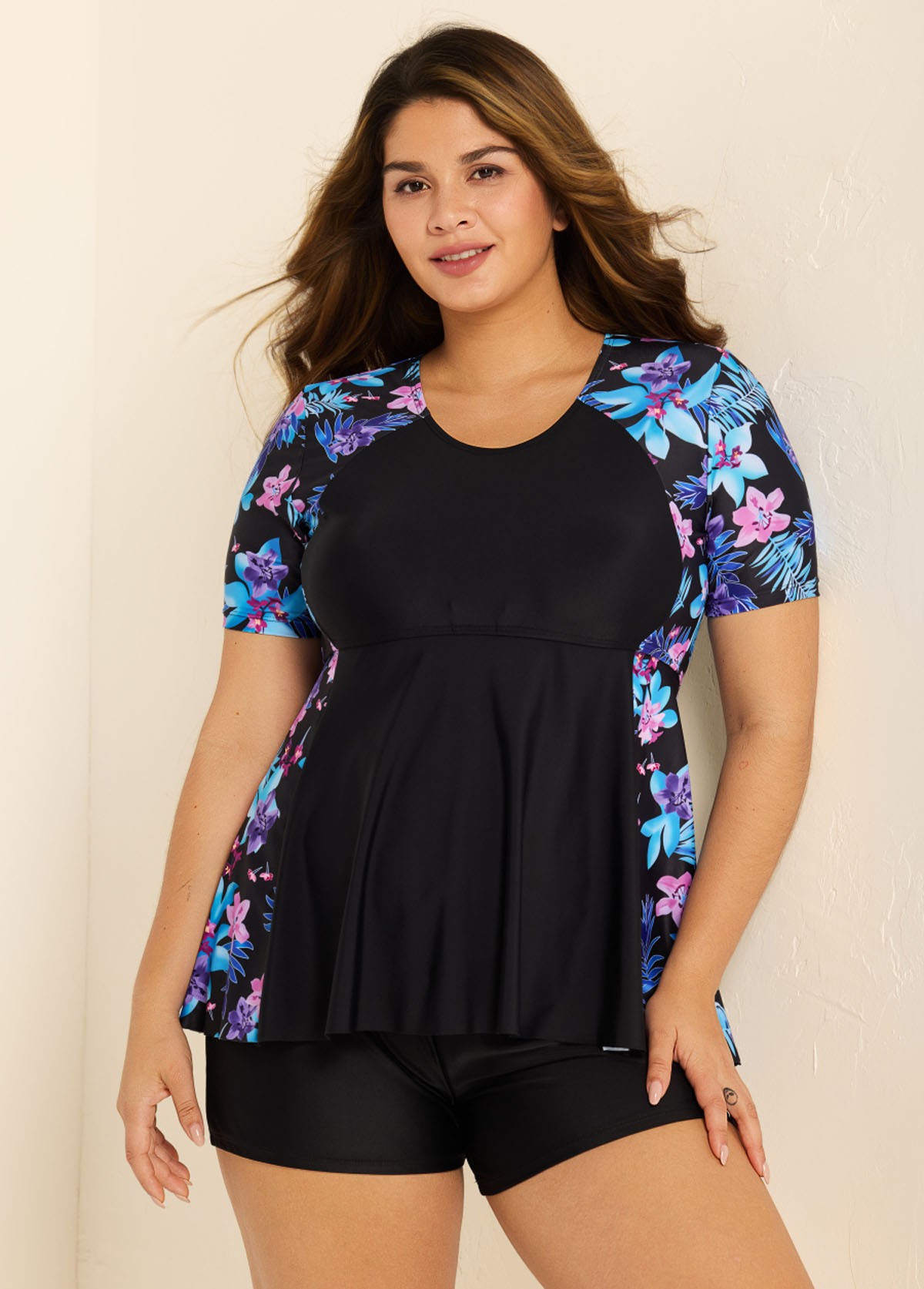 Black Floral Raglan Short Sleeve Waist Shaping Tankini Top