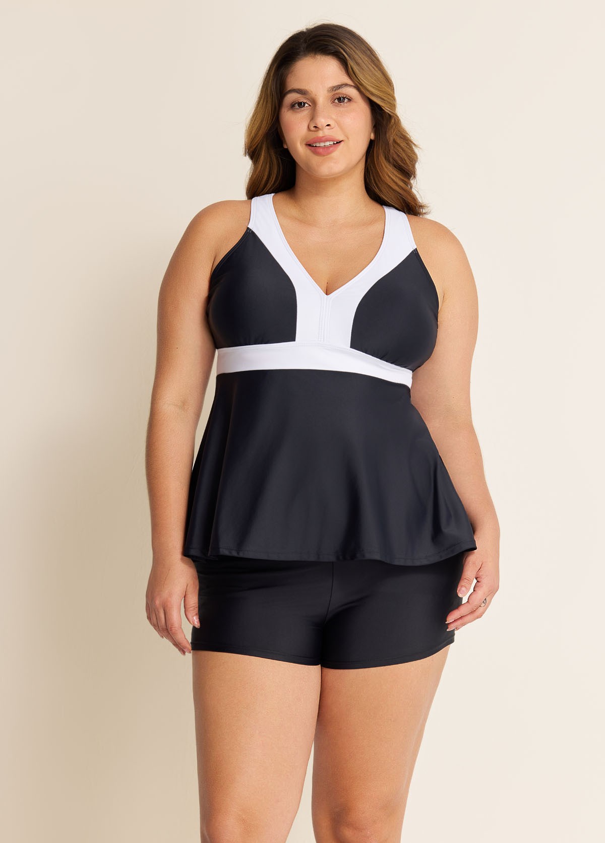 Black And White V Neck Ruffle Fashion Tankin Top