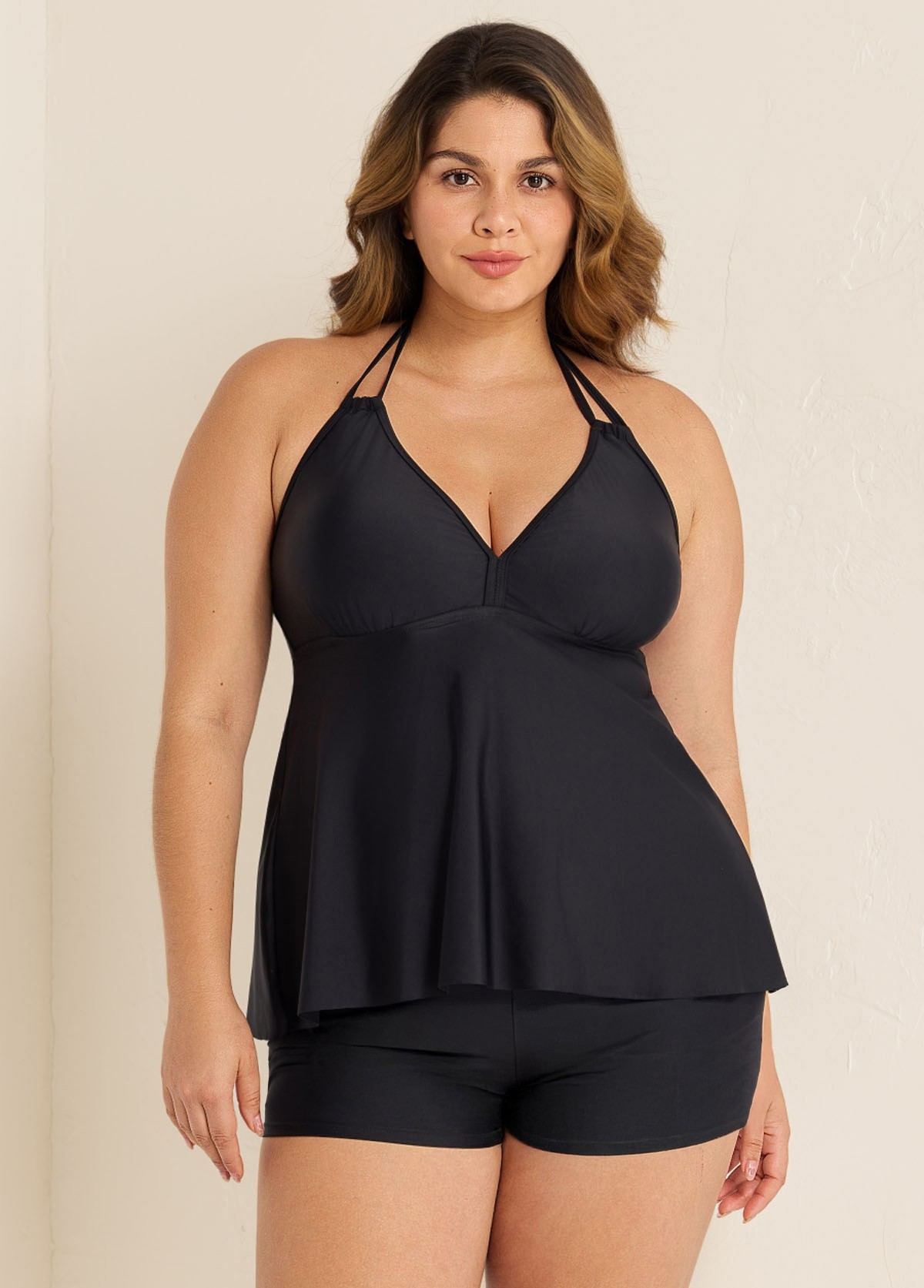 Black V Neck Halter Plus Size Modest Tankini Swimsuit Top