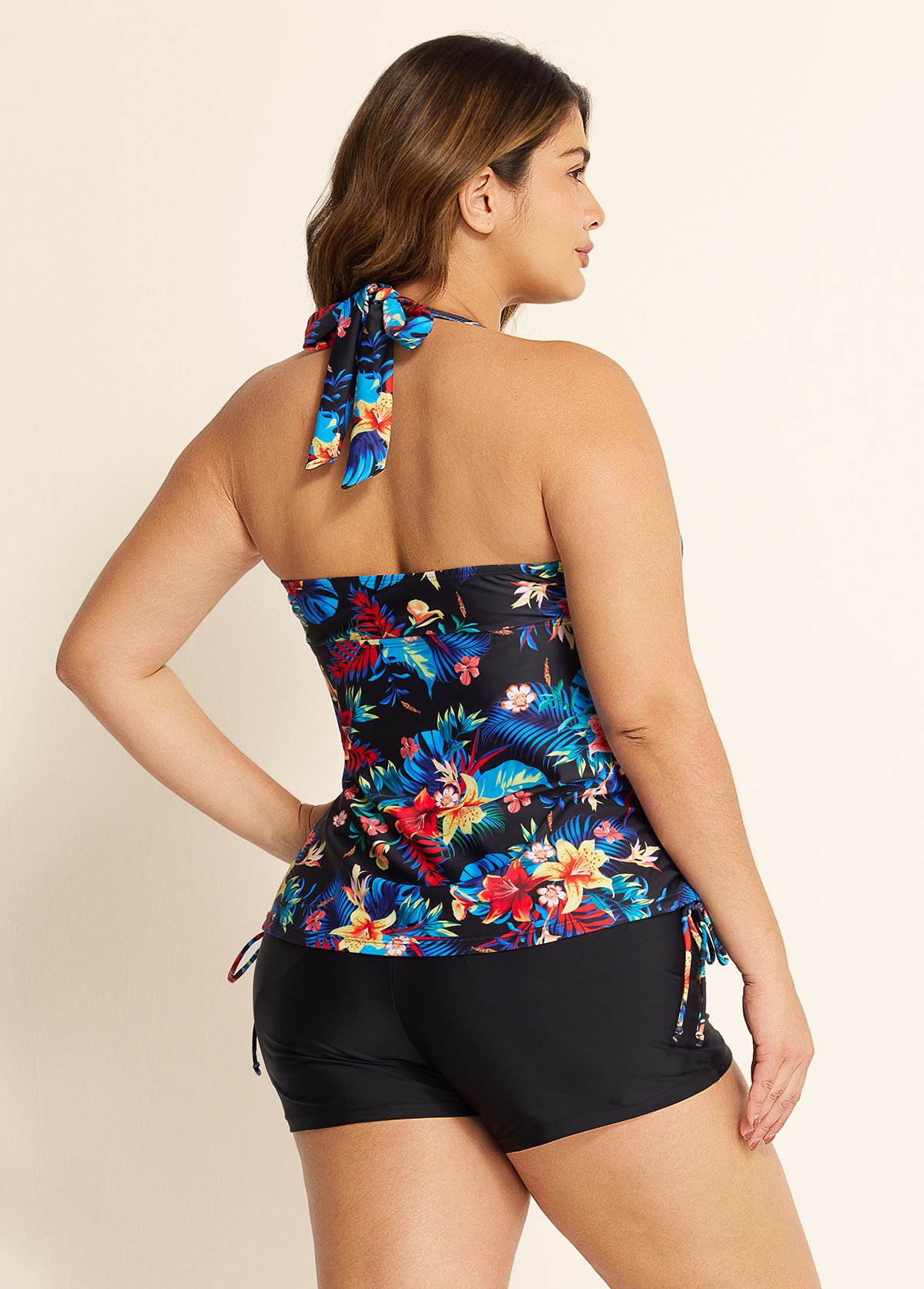 Tropical Floral Cross Front With Side Drawstring Tankini Set