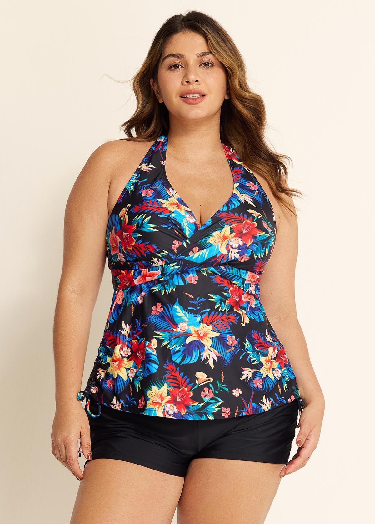 Tropical Floral Cross Front With Side Drawstring Tankini Set