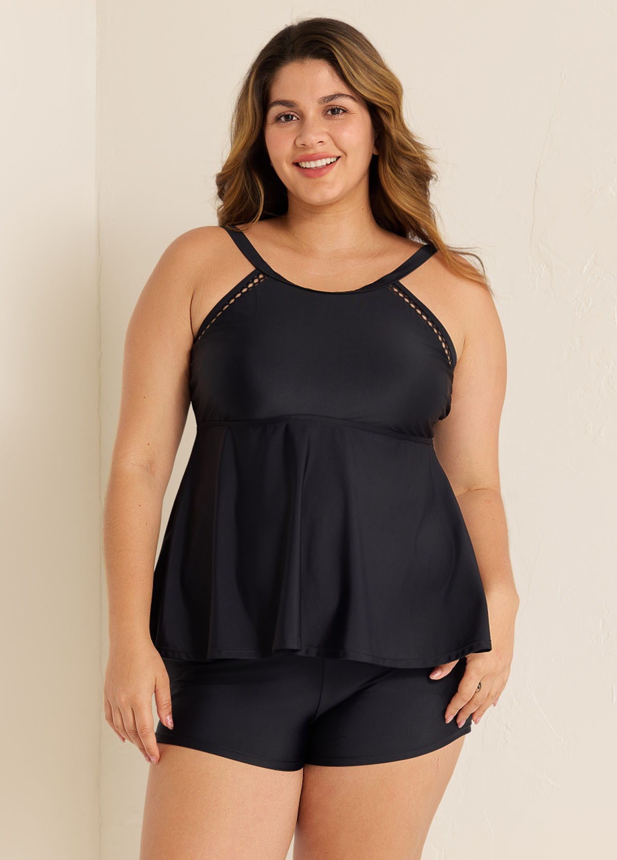 Black Scoop Neck Cutout Edge Plus Size Modest Tankini Swimsuit Top
