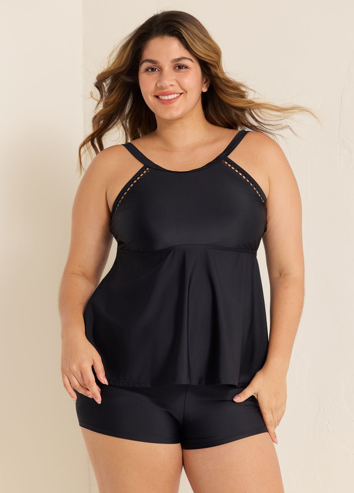 Black Scoop Neck Cutout Edge Plus Size Modest Tankini Swimsuit Top
