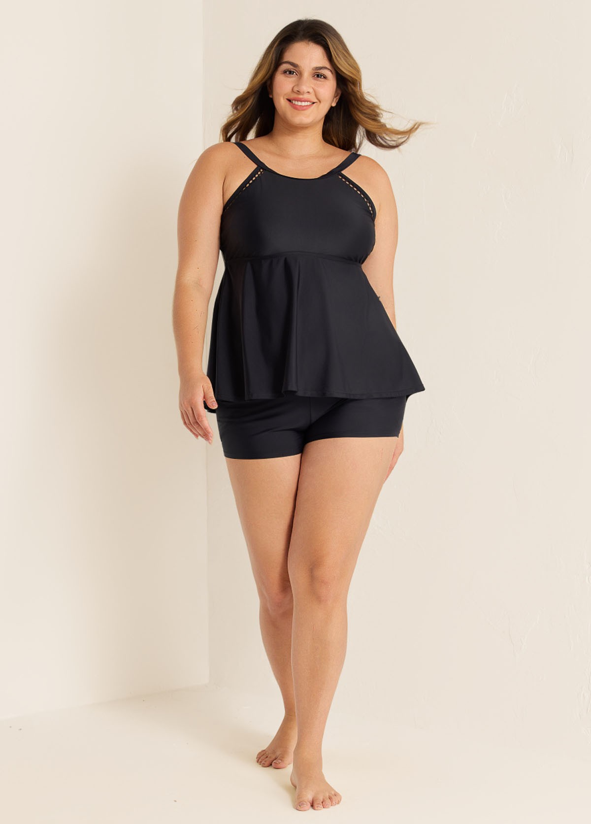 Black Scoop Neck Cutout Edge Plus Size Modest Tankini Swimsuit Top