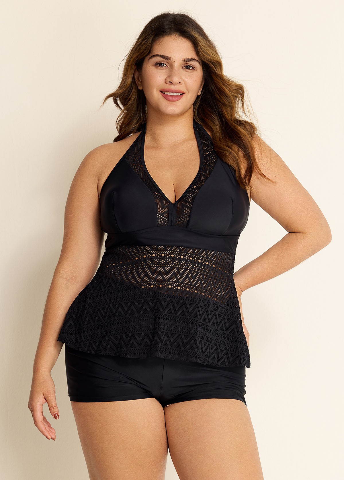 Black V Neck Cut Out Backless Lace Up Tankini Top