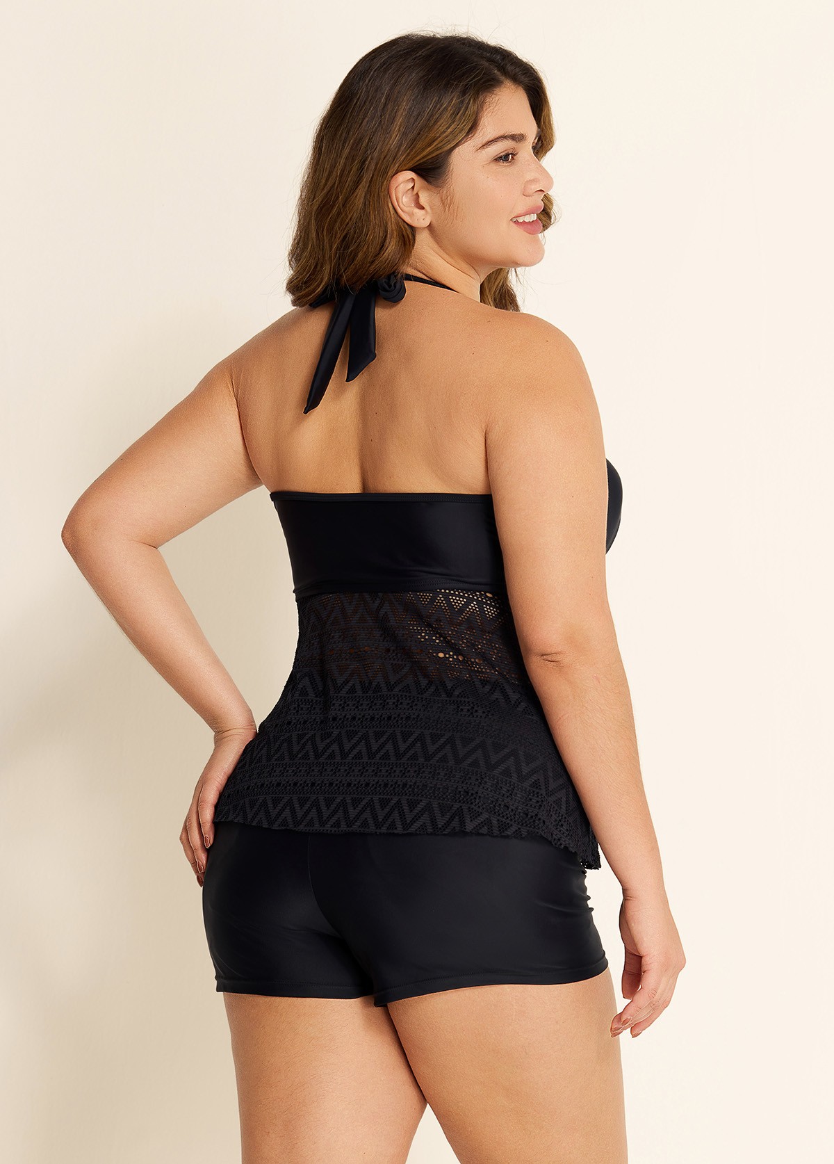 Black V Neck Cut Out Backless Lace Up Tankini Top