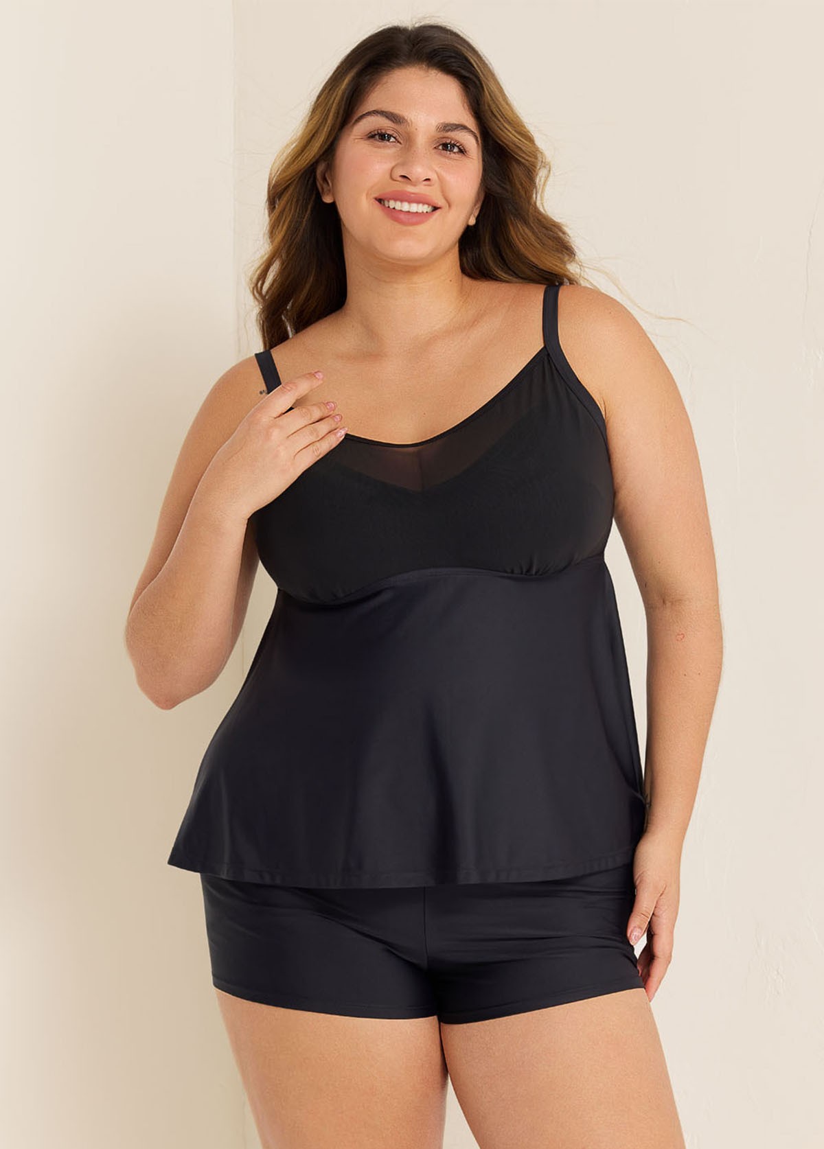 Black V-Neck Chest Mesh Plus Size Modest Fashion Tankini Swimsuit Top