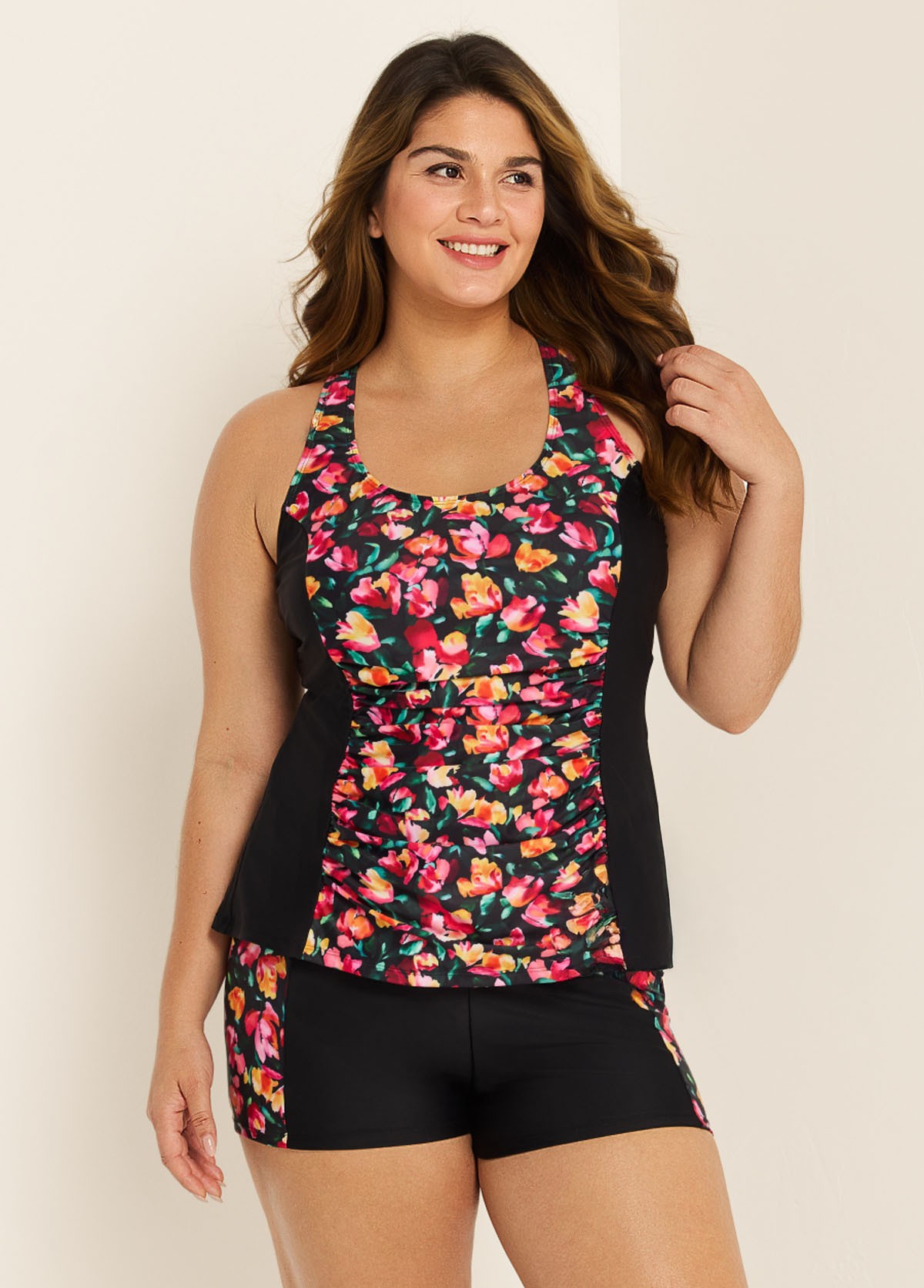 Curvy Red Floral Tummy Control Swimsuit And Swimwear Tankini Set