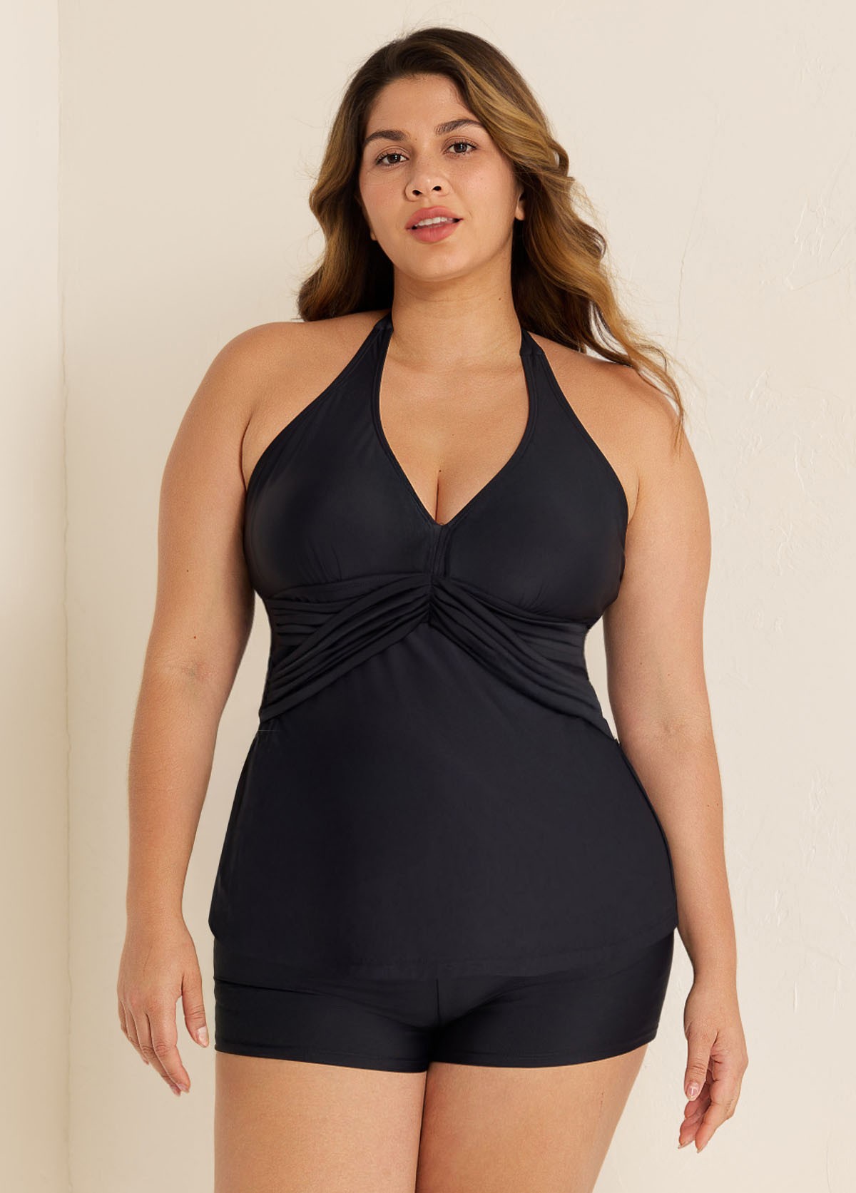Black V Neck Waist Knot Plus Size Modest Fashion Tankini Swimsuit Top