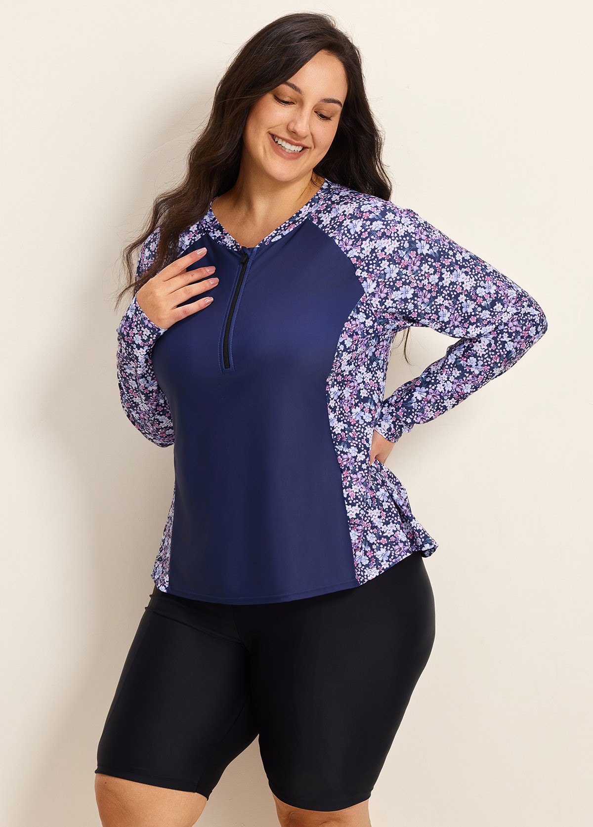 Purple Floral Print High Neck Upf50+ Long Sleeves Zipper Curvy Women's Swimsuit Shirt Tankini Top