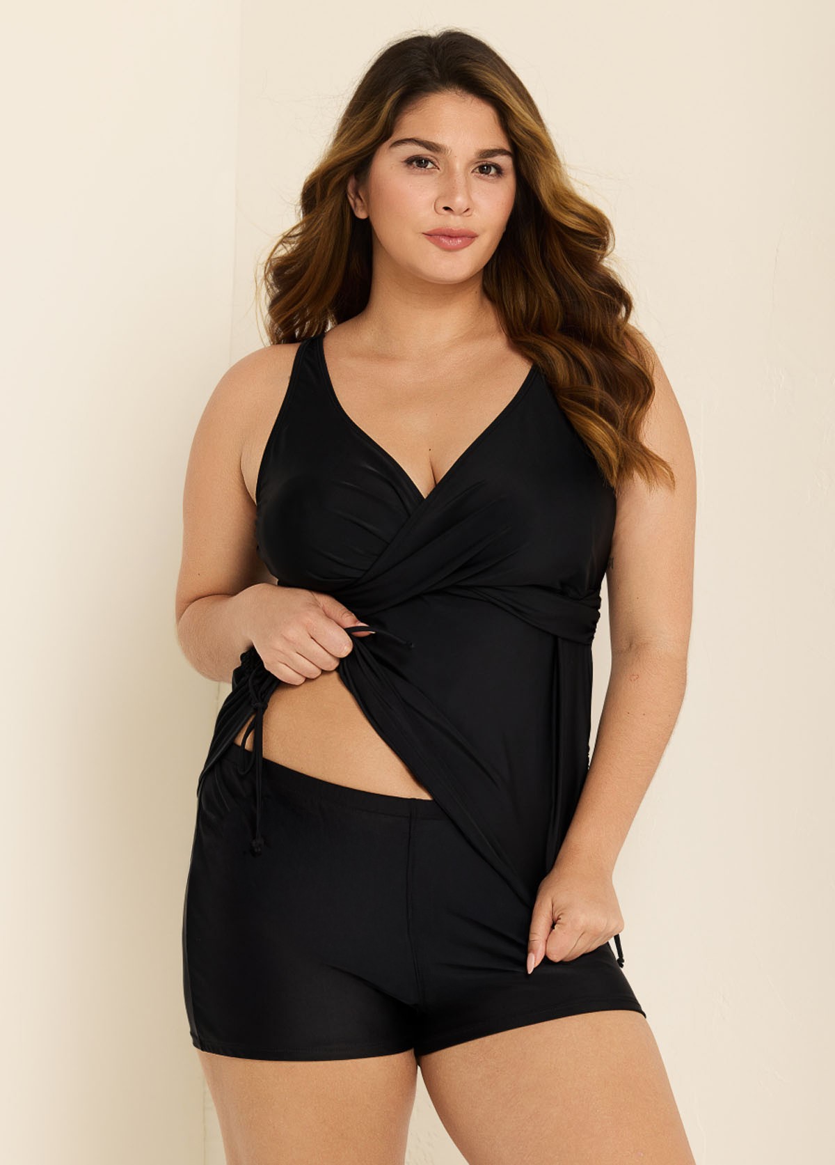 Black Wide Straps Wrap Curvy Two Piece Bathing Suits Tankini Top