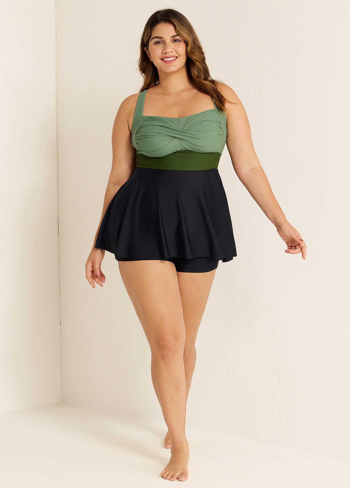 Green And Black Twist Front Patchwork Adjustable Straps Swimwear Tankini Top