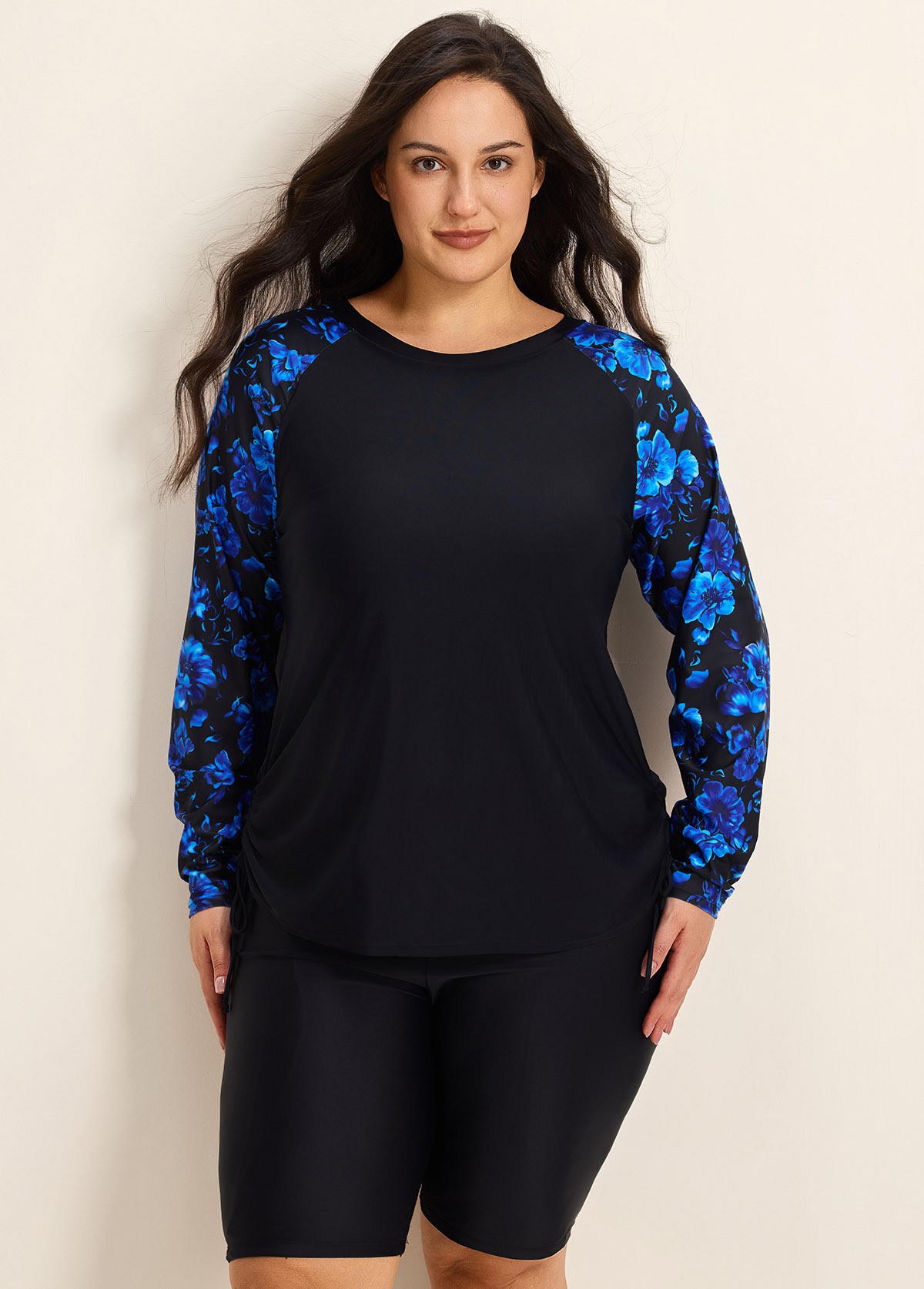 Blue Floral High Neck Upf50+ Long Sleeves Side Drawstring Plus Swimsuit Shirt Tankini Top