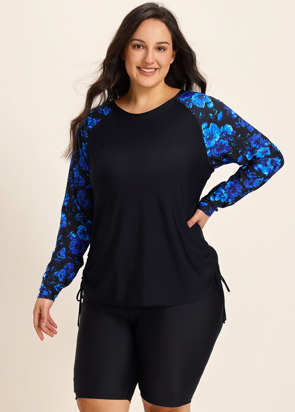 Blue Floral High Neck Upf50+ Long Sleeves Side Drawstring Plus Swimsuit Shirt Tankini Top