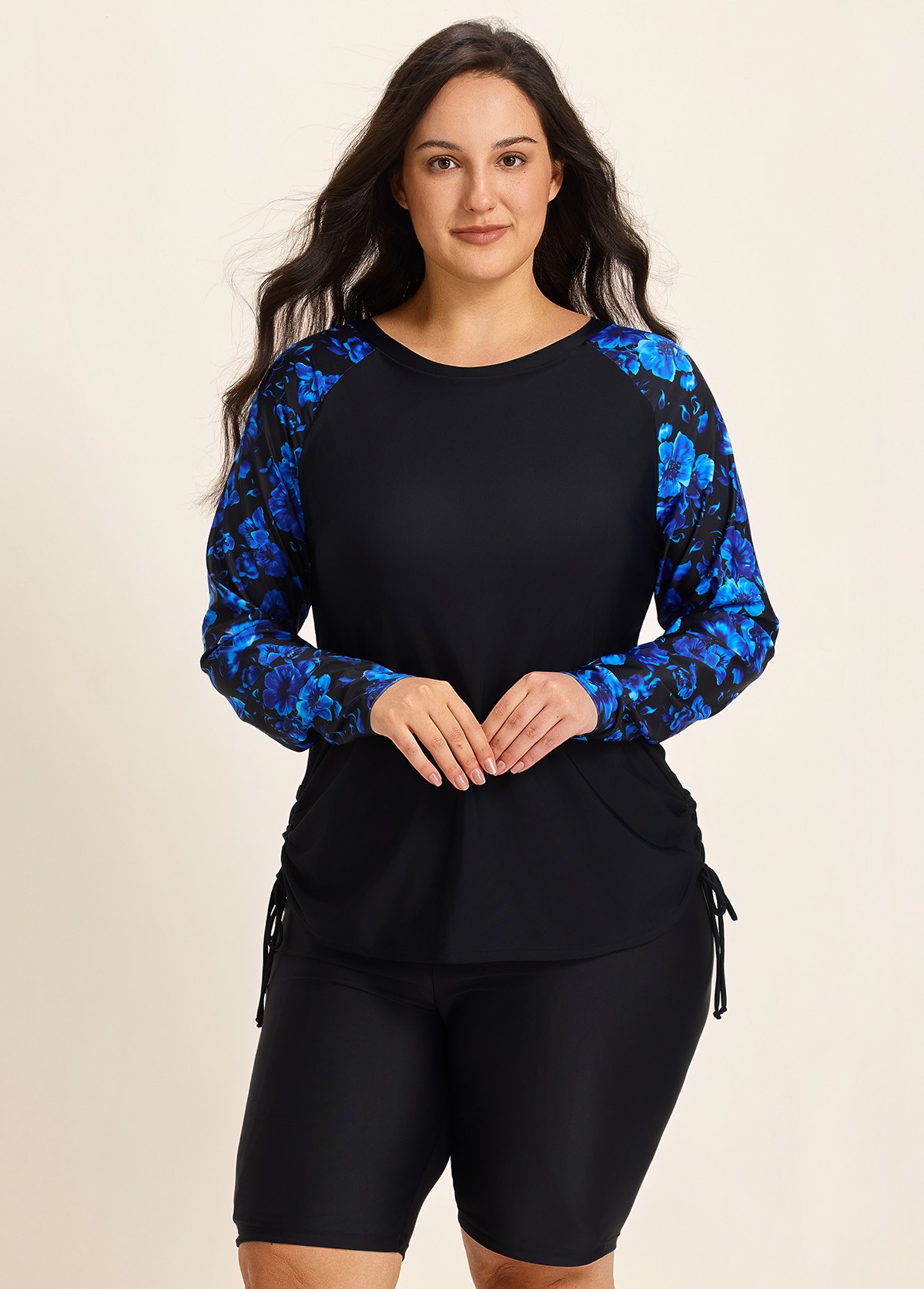 Blue Floral High Neck Upf50+ Long Sleeves Side Drawstring Plus Swimsuit Shirt Tankini Top