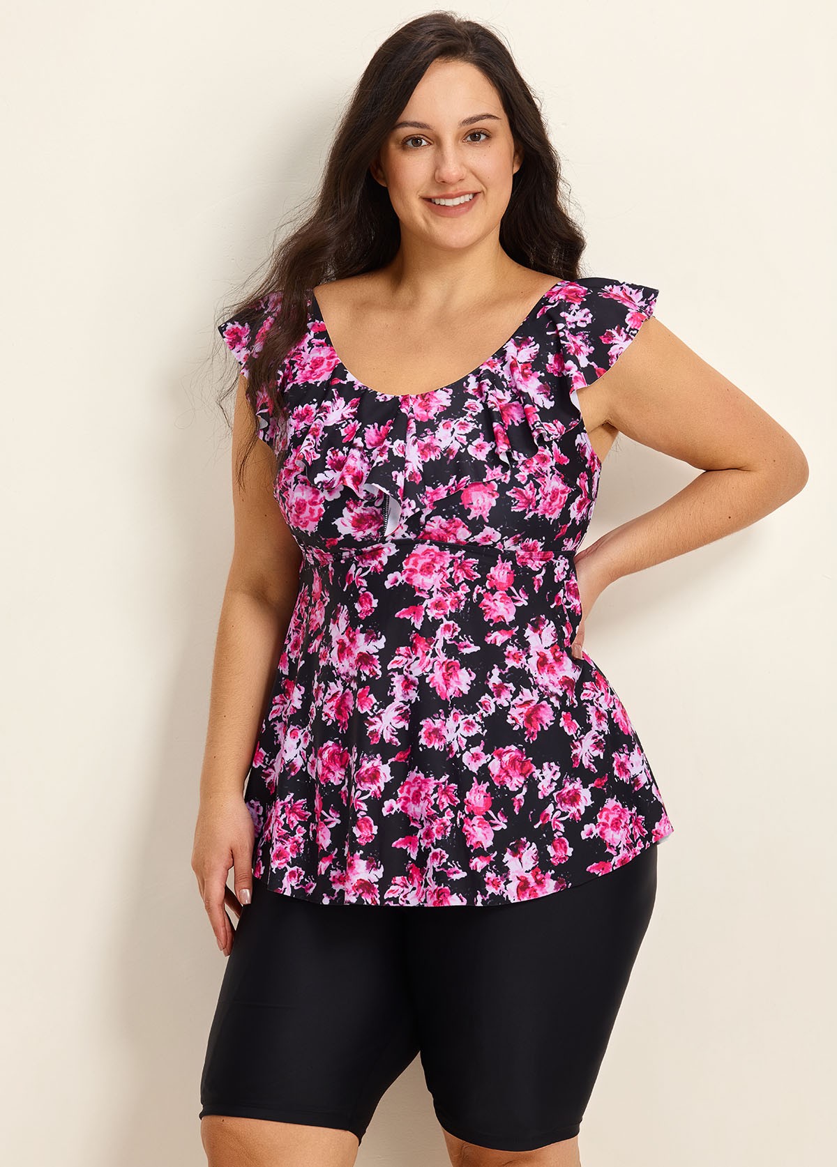 Pink Floral Print Scoop Neck Built In Bra Ruffle Plus Size Women's Swimsuit Tankini Top